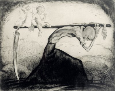 Death with Two Children Carried on his Scythe, 1915 by Michel Fingesten